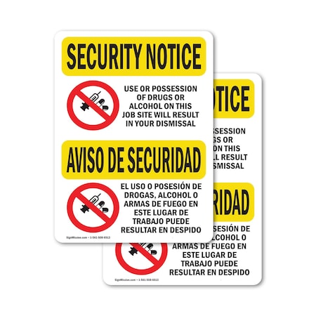 Signmission Drugs Or Alcohol Dismiss Bilingual OSHA Security Notice Sign, Vinyl Decal, 5in W x 7in L, 2PK OS-2PACK-SN-D-57-L-11530